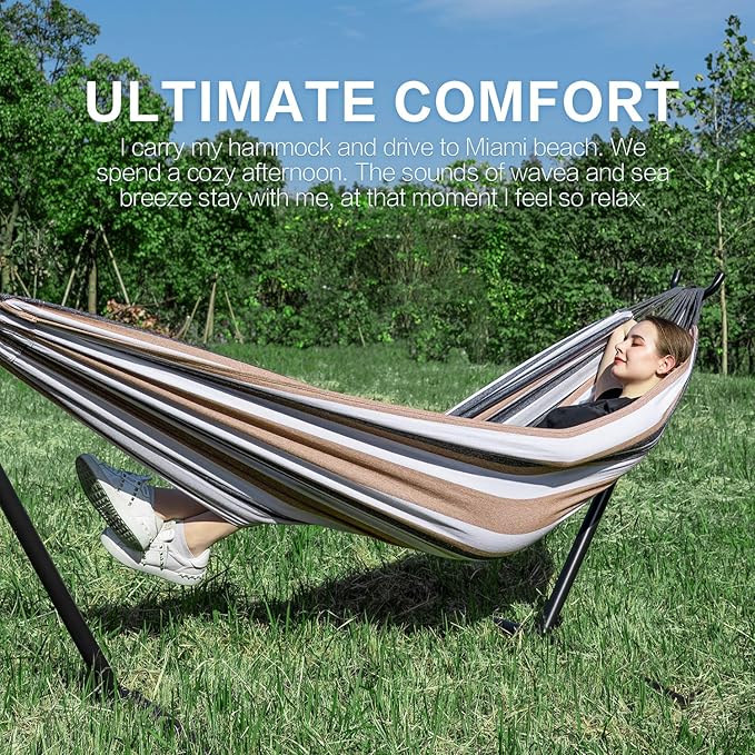 PNAEUT Double Hammocks with Stand for Outside, Portable Space Saving Heavy-Duty Steel Frame for Indoor Outdoor Patio Yard, Easy Assembly, 2 Person 450 lbs Capacity (Coffee)