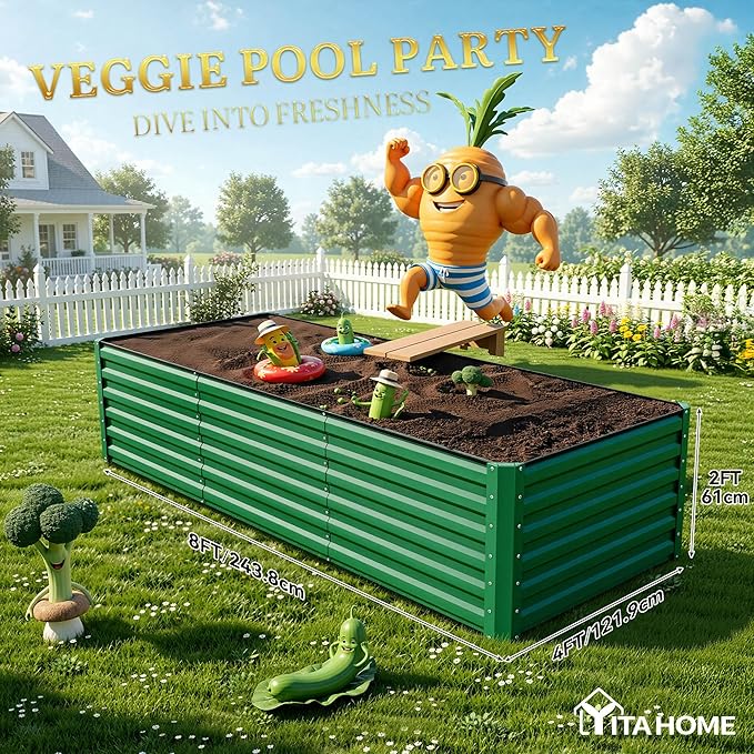 YITAHOME 8x4x2ft Large Raised Garden Bed Kit, Galvanized Metal Planter Box with Gloves, Ground Nails, Support Rod & Safety Rubber, Outdoor Above Ground Planters for Plants Vegetables Flowers, Green
