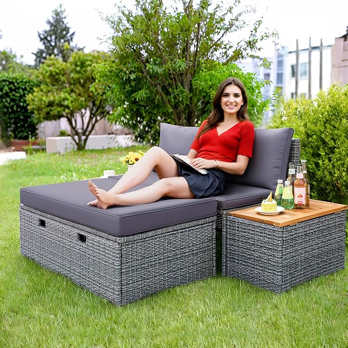 Flamaker Outdoor Rattan Lounge Chair with 2 Side Tables, Multifunctional Outdoor Patio Daybed with Footrest, Cushions, Storage Ottoman,Chaise Lounge Chair for Backyard Porch Poolside(Grey)