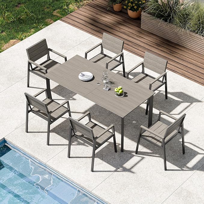 Outdoor Patio Dining Set for 6, Aluminum 7 Piece HDPS Patio Table and Chairs Set with Umbrella Hole, Modren Patio Furniture Set, Patio Dining Table and 6 Chairs (Classic Gray)