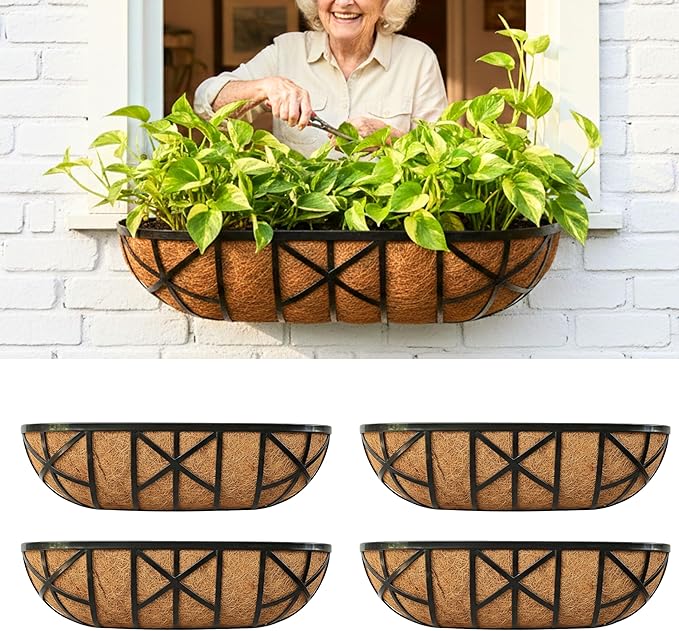 LaLaGreen 24 Inch, 4 Pack Window Boxes Planters – Black Metal Window Boxes for Outdoor Plant, Wall Mount Flower Pot with Coco Coir Liner, Attach to House Fence Balcony Herb for Patio Porch Garden