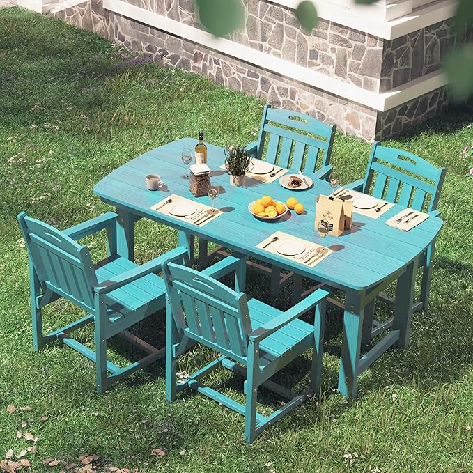 HDPE Outdoor Dining Set, Patio Table and Chairs Set, All-Weather 5-Piece Outside Table and 4 Chairs, 2" Umbrella Hole, Outdoor Furniture for Garden, Poolside, Backyard, Deck | Lake Blue