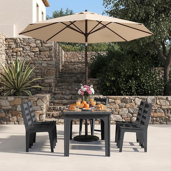 HDPE Patio Dining Set for 6, Weather-Resistant Outdoor Table with Umbrella Hole, Never Sagging One-Piece Tabletop with Metal Support Bars for Poolside Backyard Garden (Black)