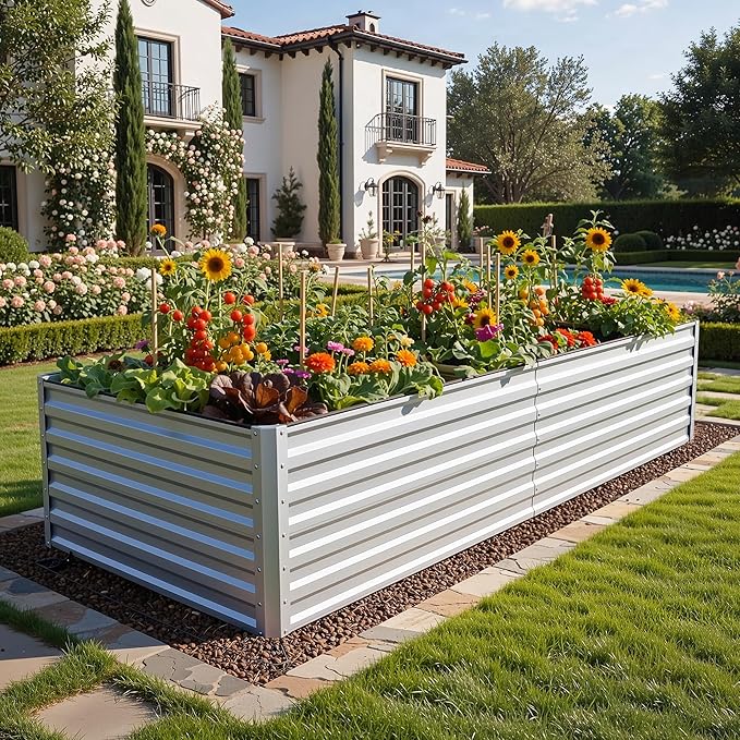 YITAHOME 8x4x2ft 2pcs Large Raised Garden Bed Kit, Galvanized Metal Planter Box with Gloves, Ground Nails & Safety Rubber, Outdoor Above Ground Planters for Plants Vegetables Flowers, Silver