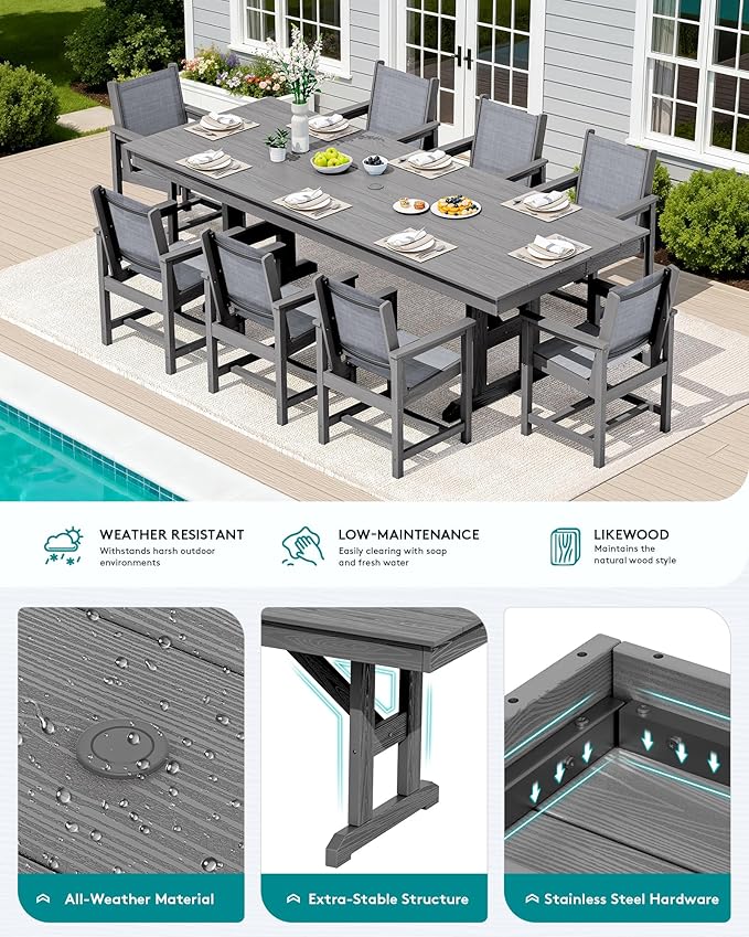 SERWALL 9 Piece Outdoor Dining Set, 84" HDPE Outdoor Large Table and Texilene Chairs for 8，All Weather Patio Dining Furniture Set with Umbrella Hole for Backyard, Garden, Gray