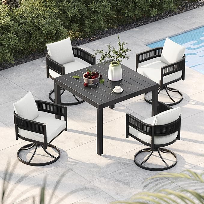Grand patio 5-Piece Outdoor Dining Set for 4 with 1 Rectangle Expandable Table for 4-6 Person, Metal Woven Wicker Swivel Patio Chairs with Thickened Cushions for Yard, Poolside (Black)