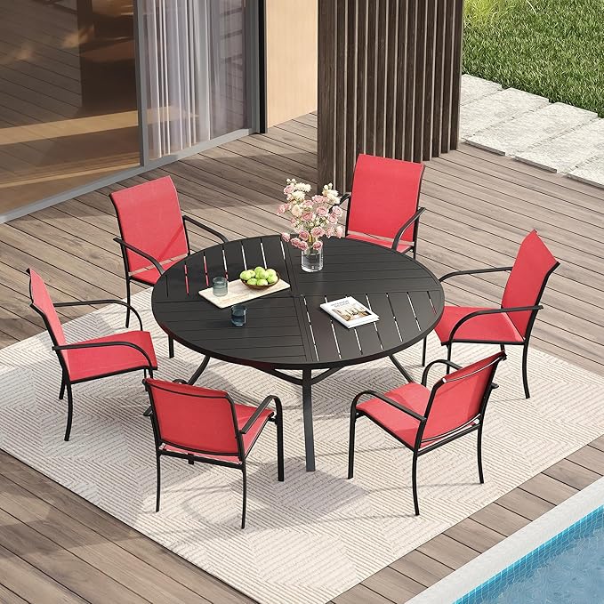 VICLLAX Patio Table and Chair Set of 6, All Weather Metal Round Outdoor Dining Furniture Set-50 Round Outdoor Table and Chairs, Black Tabletop