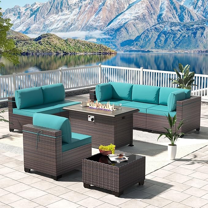 Kullavik 8 Pieces Outdoor Patio Furniture Set with 43" 55000BTU Gas Propane Fire Pit Table PE Wicker Rattan Sectional Sofa Patio Conversation Sets,Blue