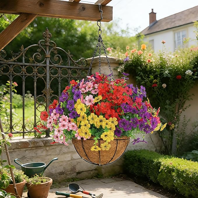 Senjie 12 Bundles Artificial Hanging Flowers with Basket for Outdoor Decor, UV Resistant Faux Flowers Fake Hanging Planter for Porch Patio Balcony