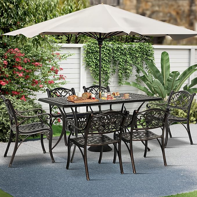 DWVO Cast Aluminum Outdoor Dining Table, 59'' Patio Table w/Max Bearing 220 LBS, Patio Dining Table with 2" Umbrella Hole and Adjustable Foot Pads for Garden, Backyard, Deck and Patio, Bronze