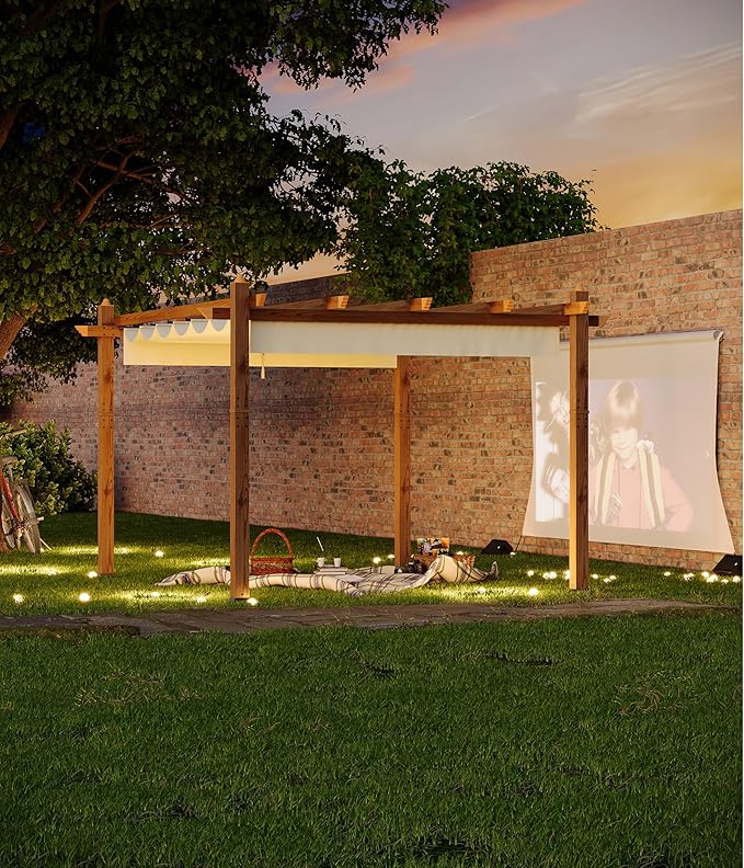 GarveeLife 10 x 13 ft Wood-Grain Aluminum Pergola Outdoor Pergola with Retractable Canopy Sun Shade Shelter for Garden Patio Backyard Deck - Beige