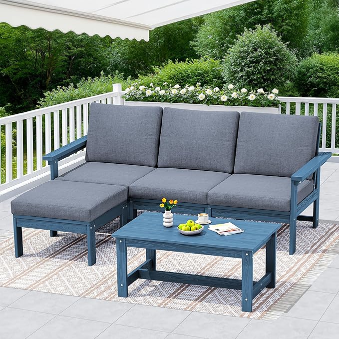 SERWALL Outdoor Sectional Sofa Set, 5-piece Outdoor Modula Couch Set with Ottoman, All Weather Patio Furniture Set with Chaise for Deck, Lawn, Blue Frame with Gray Cushion
