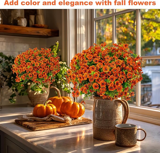 Artificial Fall Flowers Outdoor Fake Mums - 16 Bundles Fake Plants UV Resistant No Fade Faux Plastic Greenery Garden Porch Patio Fall Home Decor (Red Orange16)