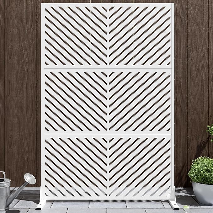 Casaphoria Metal Privacy Screen Outdoor, 72" H x 47" W Freestanding Decorative Privacy Screen for Patio Deck Balcony Garden with Stable Base, White-Parallel