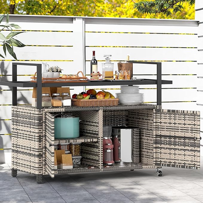 DWVO XXL Patio Storage Cabinet,Outdoor Bar Cart with Glass Top,Outdoor Storage Cabinet with Wheels for Patio, Poolside and Backyard, Grey