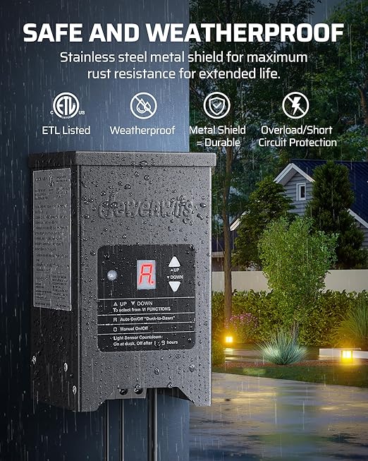 DEWENWILS 200W Weatherproof Low Voltage Landscape Lighting Transformer, 120V to 12/15V AC, Metal Low Voltage Landscape Transformer with Photocell & Timer, Multi Zone Landscape Lighting Transformer
