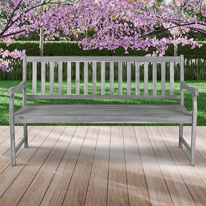 JONATHAN Y BNH101B Laurel 59.1" 3-Seat Slat-Back 600-Lbs Support Acacia Wood Outdoor Garden Patio Bench for Garden, Lawn, Backyard, Pool, Deck, Beach, Firepit, Gray