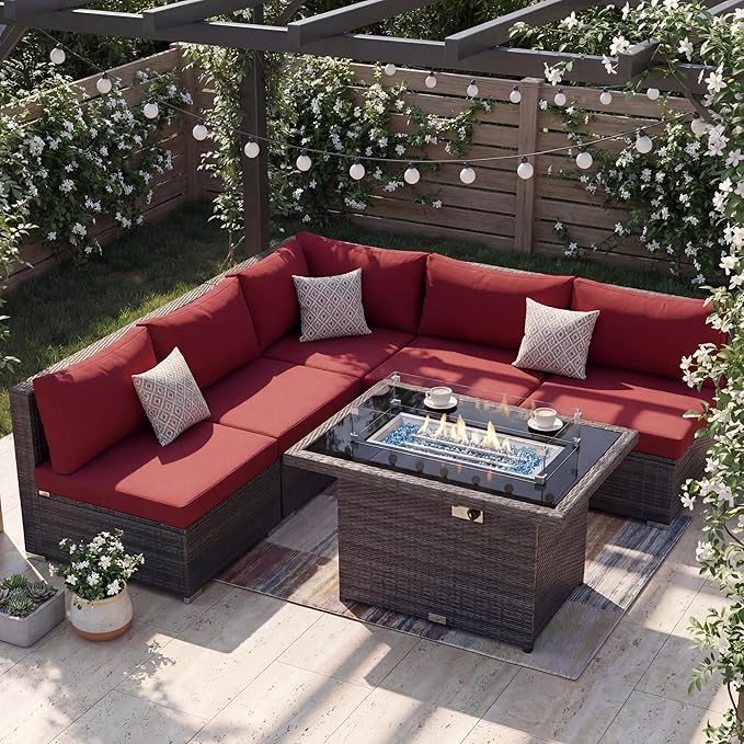 NICESOUL 6 Piece Modern Outdoor Conversation Set with Fireplace Natural Gas/Propane, 29.3'' High Back Deep Wide Seat Sofa Couches for Garden, Oversized Patio Sectionals, 2 Color Cushion Wine & Grey