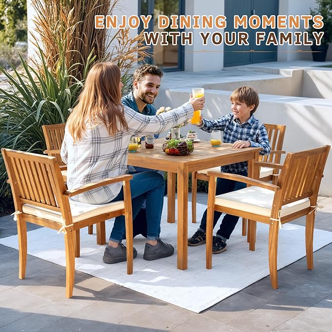 Greesum 5 Piece Patio Dining Set Outdoor Solid Wood Furniture for Yard, Garden, Porch w/Square Tabletop & 4 Chairs, White