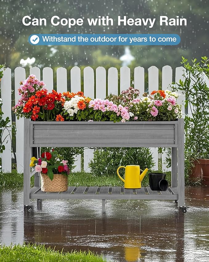 YEFU Raised Garden Bed with Legs: 57x18x30in Elevated Poly Planter with Wheels,Waterproof Mobile Raised Bed Garden, Elevated Planter Box Stand with Storage Shelf,for Deck,Patio,Porch,Yard (Grey,4pcs)