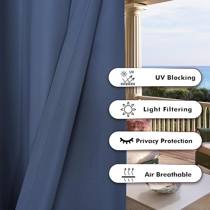 BONZER Waterproof Indoor/Outdoor Curtains for Patio Thick Privacy Wide Grommet Curtains for Bedroom, Living Room, Porch, Pergola, Cabana, 1 Panel, 110W x 120L inch, Navy