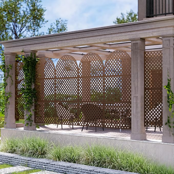 Casaphoria 72" H x 35" W Arched Metal Privacy Screen - Elegant Freestanding Outdoor Screen for Deck, Patio & Balcony - Versatile Decorative Privacy Panels for Home & Garden Use (Brown-Laurence)