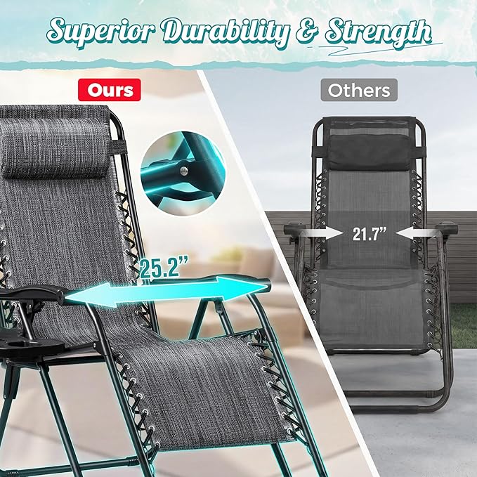 Homall Zero Gravity Chair - Adjustable Folding Lawn Chairs - Outdoor Gravity Reclining Lounge Chair with Pillows - Set of 2 (Double-Gray)