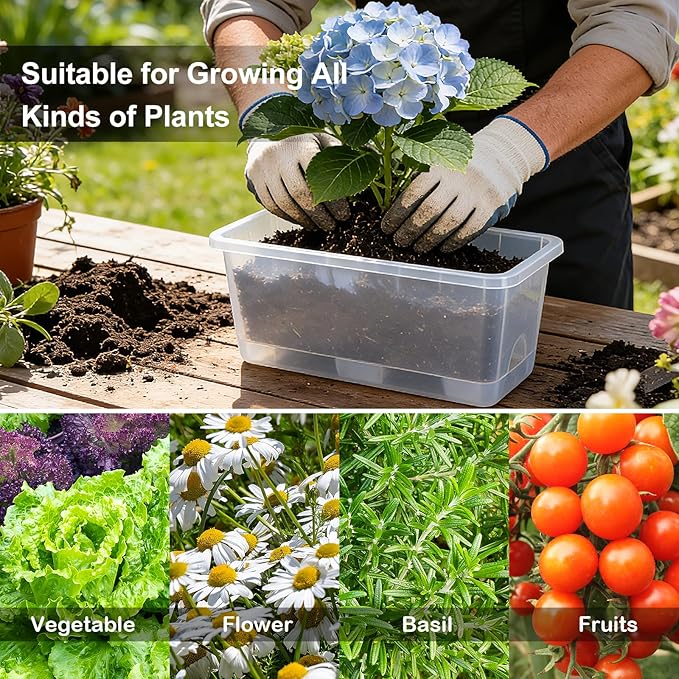 Window Box Planter 6 Packs, 13.8 Inches Rectangle Flower Pots with Drainage Holes & Trays, Pots for Vegetables, Herbs, Flowers, Garden Windowsill Balcony (Translucent White)