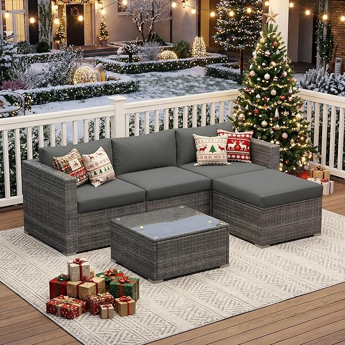Wisteria Lane Outdoor Patio Furniture Set, All Weather Wicker Rattan Sectional Sofa, Patio Conversation Set with Cushions & Glass Coffee Table for Backyard Porch Garden Balcony, Grey