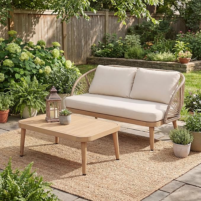 Merax 2-Piece Acacia Wood Patio Set - Curved Tub Loveseat & Slatted Coffee Table with Woven Rope Accents & Weather-Resistant Cushions for Deck, Porch or Garden,Teak+ Beige
