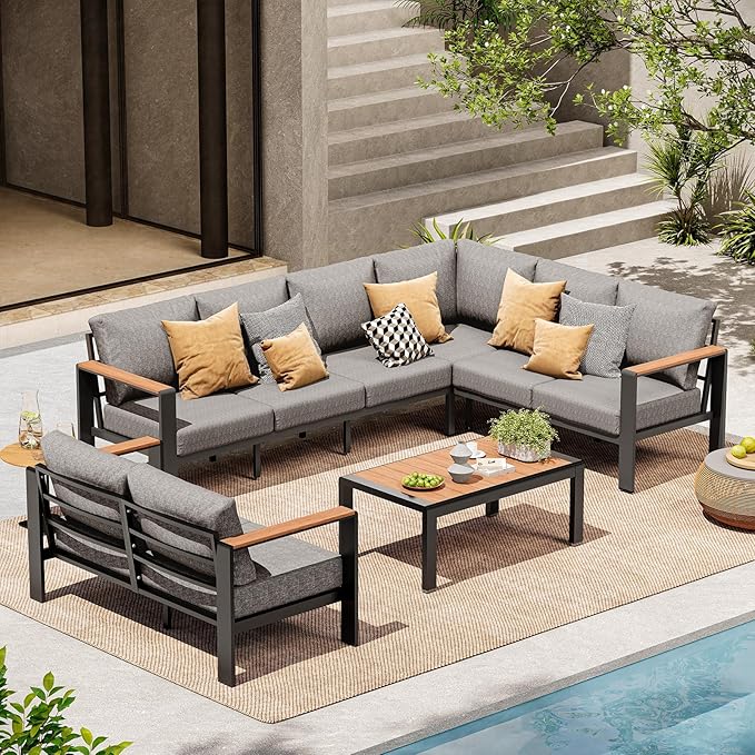 Aluminum Outdoor Patio Furniture Set 8 Seats, Outdoor Sectional Corner Sofa, Patio Conversation Sets with Coffee Table & Washable Thick Cushions, Outdoor Furniture for Backyard, Porch, Gray