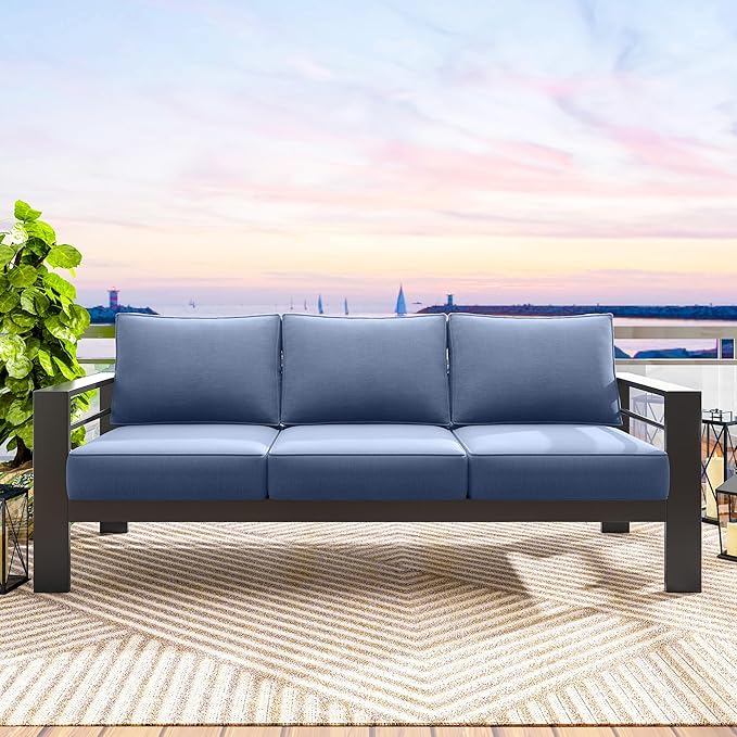 Solaste Aluminum Outdoor Couch, 3-Seat Metal Outdoor Sofa with Water-Resistant Cushion, Weather-Resistant Modern Patio Sofa, Black Frame Blue Cushion
