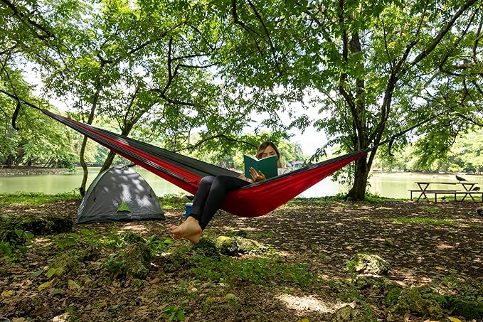 Durable Hammock 400 lb Capacity, Nylon Camping Hammock Chair - Double or Single Sizes w/Tree Straps and Attached Carry Bag - for Travel/Backpacking/Beach/Backyard (Medium, Forest Green & Lima Green)
