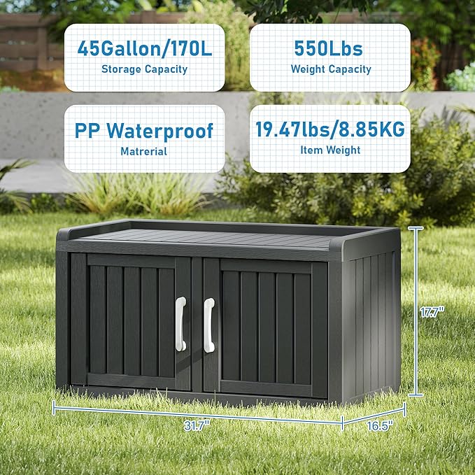 2-Tier Storage Bench, Waterproof UV-Resistant Outdoor Shoe Storage Cabinet with 2 Doors & Adjustable Shelves for Indoor Outdoor Entryway, Hallway, Living Room (Black)