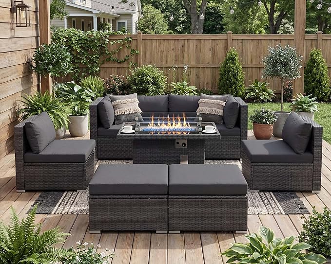NICESOUL 29.3'' High Backrest Patio Furniture Set with Firepit Table Gas/Propane, Heavy Duty Deep Seating Outdoor Sectional Sofa Sets, 6 Seater Modern Luxury Extra Large Wicker Conversations, Gray