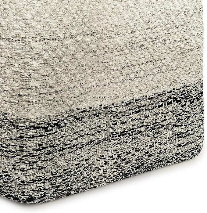SIMPLIHOME Macie Square Pouf - 18 inch Wide Handcrafted PET Polyester Ottoman in Grey and White, Boho Indoor/Outdoor Footstool or Extra Seating for Living Room with Polystyrene Bead Filling, Assembled