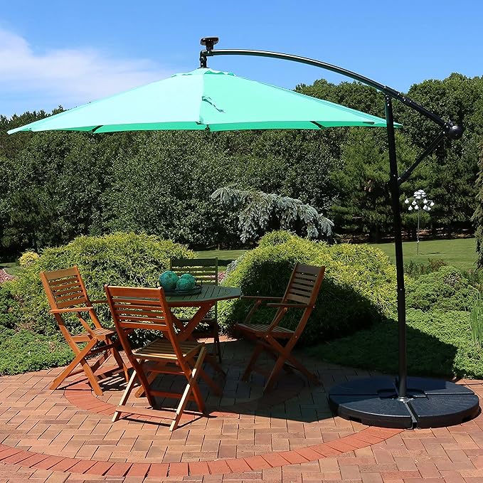 Sunnydaze 10' Solar Offset Patio Umbrella - Solar Cantilever Umbrella Outdoor with LED Lights - Polyester Shade, Air Vent, & Cross Base