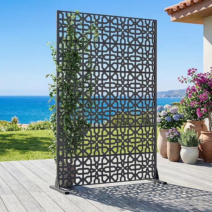 Casaphoria Metal Privacy Screen Outdoor, 72" H x 47" W Freestanding Decorative Privacy Screen for Patio Deck Balcony Garden with Stable Base, Drakgrey-Perilla