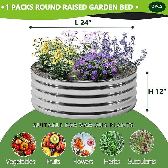 2PCS 2x2x1FT Galvanized Raised Garden Bed Kit,Vegetable Boxes-Round Metal Flower Box,Large Planter Raised Beds Outdoor Garden for Planting,Fruit,Herb-Silver