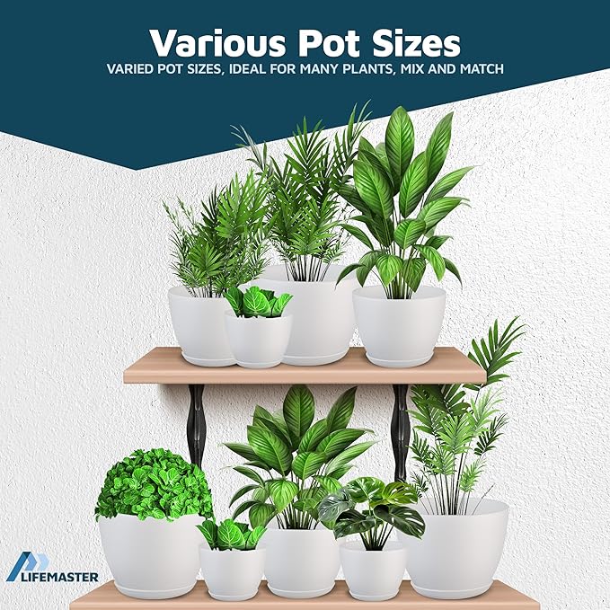 Lifemaster Eco Friendly Plant Pot Set - 10-Pack Home Decor Flower Indoor and Outdoor Plastic Pots with Drainage Holes, Assorted Sizes (7", 6.6", 6", 5.3", 4.8") - Stackable Garden Versatile Planters