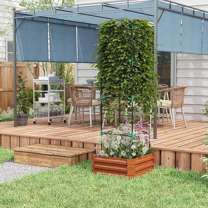 Outsunny Galvanized Raised Garden Bed, 73.5" Outdoor Planter Box with Trellis Tomato Cage and Open Bottom for Climbing Vines, Vegetables, Flowers in Backyard, Garden, Patio, Brown
