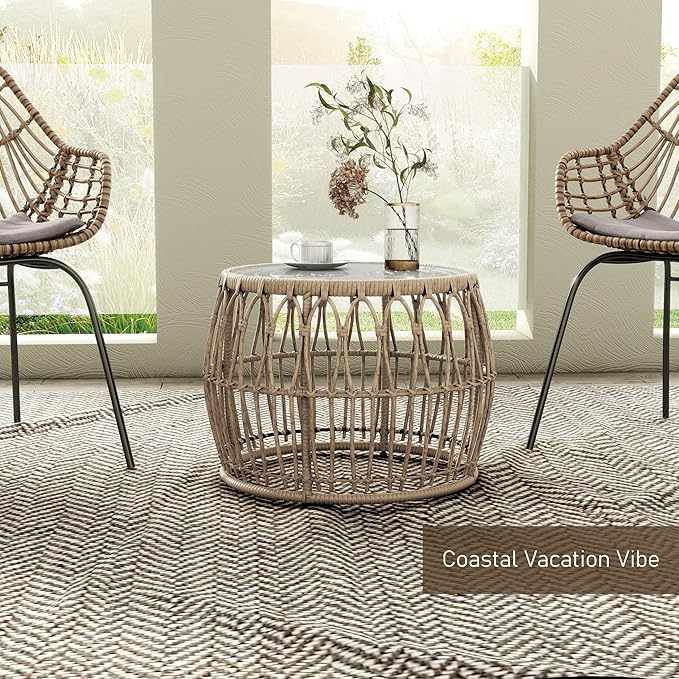 Furniture of America Ysar Boho Rattan Round Coffee Table Outdoor with 5mm Tempered Glass Top, All-Weather and Rust Resistant Patio Furniture