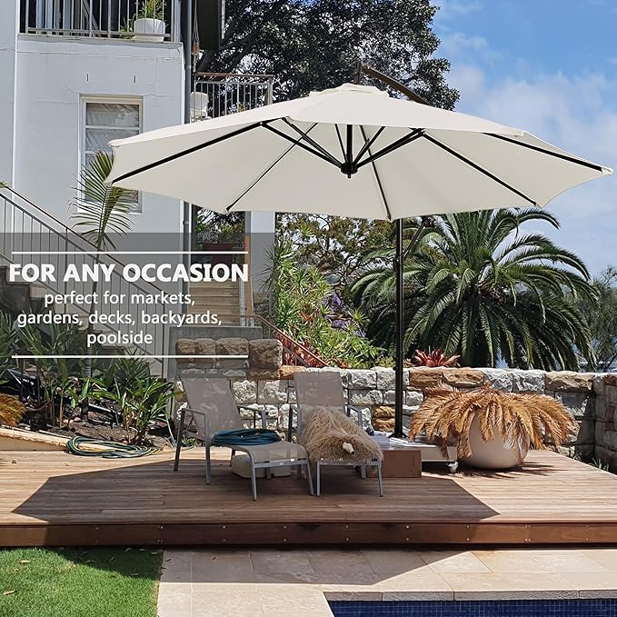 VECELO 10ft Offset Patio Umbrella, Cantilever Umbrella, Hanging Outdoor Umbrellas with 8 Ribs, Market Umbrella w/UV Protection Waterproof for Market/Backyard/Pool/Garden/Lawn, Handy Crank&Cross Base