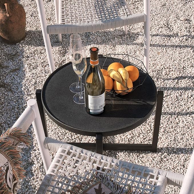 COSIEST Small Round Outdoor Coffee Table Dark Grey, 12''Hx31.5'''All-Weather Concrete Top Patio End Table W Metal Frame for Garden, Balcony and Living Room