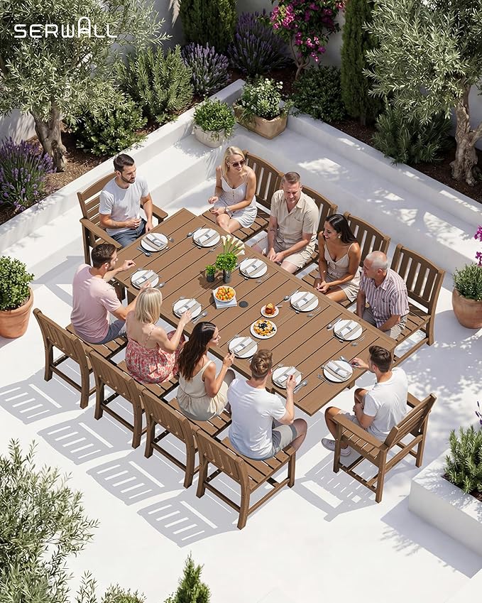 SERWALL 9-Piece Outdoor Dining Set, 60" - 83" Expandable Outdoor Dining Table and 8 HDPE Chairs, All Weather HDPE Outdoor Furniture Set for Backyard, Garden, Brown