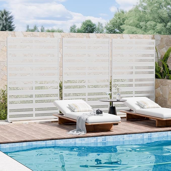 Casaphoria Metal Privacy Screen Outdoor, 72" H x 47" W Freestanding Decorative Privacy Screen for Patio Deck Balcony Garden with Stable Base, White-Harold
