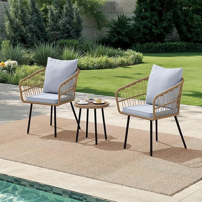 DWVO 3 Piece Patio Bistro Set, Patio Furniture Set Outdoor Wicker Bistro Rattan Chair Conversation Sets with Coffee Table for Yard Backyard Lawn Porch Poolside Balcony, Grey