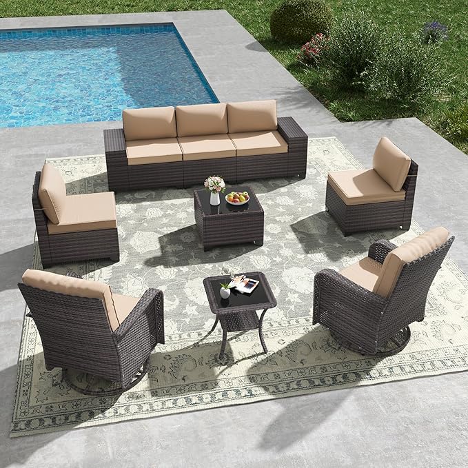 Kullavik 9 Pieces Outdoor Patio Furniture Set,PE Wicker Rattan Sectional Sofa Patio Conversation Sets with Swivel Rocking Chairs Set,Sand