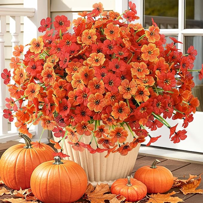 MACTING 24 Bundles Artificial Fall Flowers for Outdoors Faux Mums Outdoor Plants UV Resistant Fake Silk Flowers for Planters Patio Garden Porch Indoor Outside Autumn Thanksgiving Decor,Orange & Red