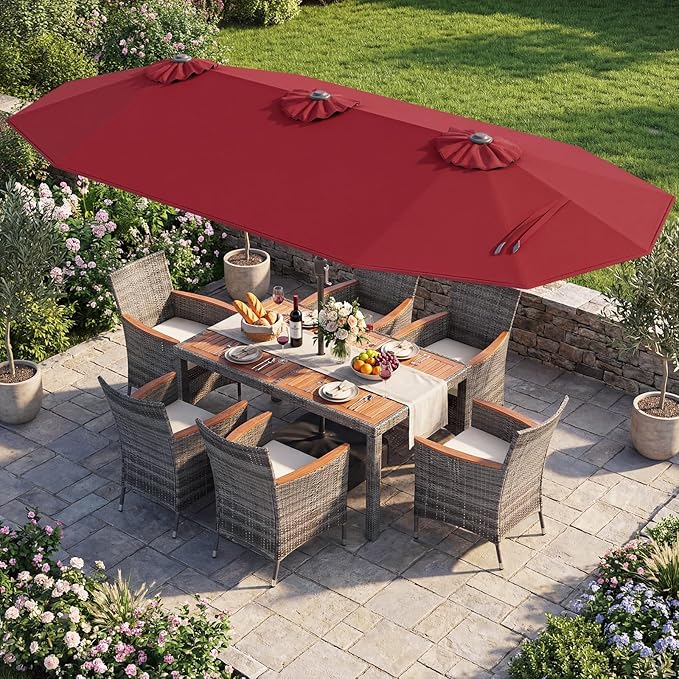 Tangkula 9 Pieces Rattan Outdoor Dining Set with 13Ft Solar Patio Umbrella for 6, Outdoor Wicker Table Set with 8 Cushioned Chairs, Acacia Wood Top, Outdoor Umbrella with Base Included
